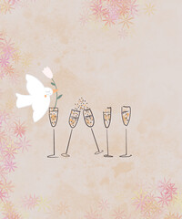 Watrecolor pink drawing of festive card with white dove and glasses with champagne. Hand-drawn bird, glasses, elements ideal for cards, posters etc.