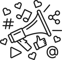 Marketing. SEM. Search engine marketing icon of megaphone with social media symbols. Vector website promotion, online advertising and SEO. Thin line speaker, social media like, share and email signs