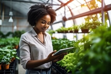 Young african american female farmer using digital tablet for agricultural work in greenhouse