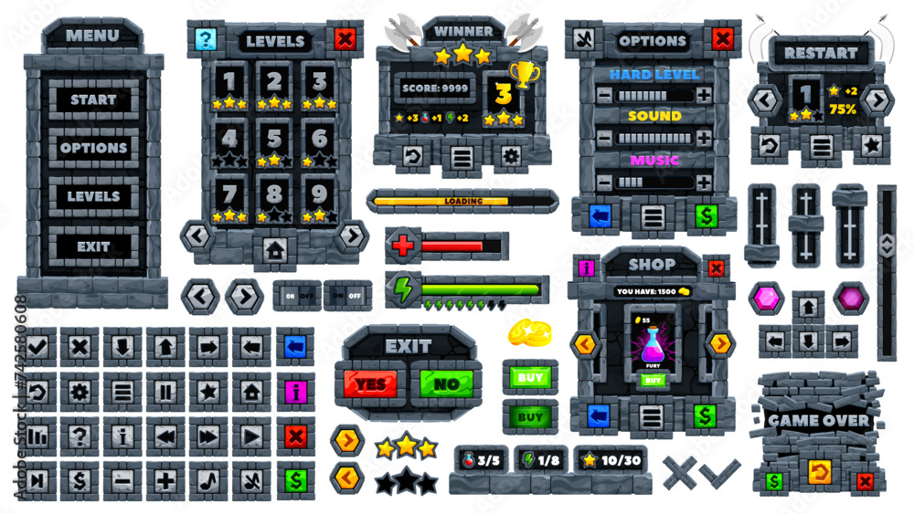 Poster medieval stone game interface and ui game buttons for gui, vector elements. stone rock buttons and c