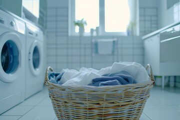 Laundry basket full with dirty laundry in front of the washing machine in the bathroom