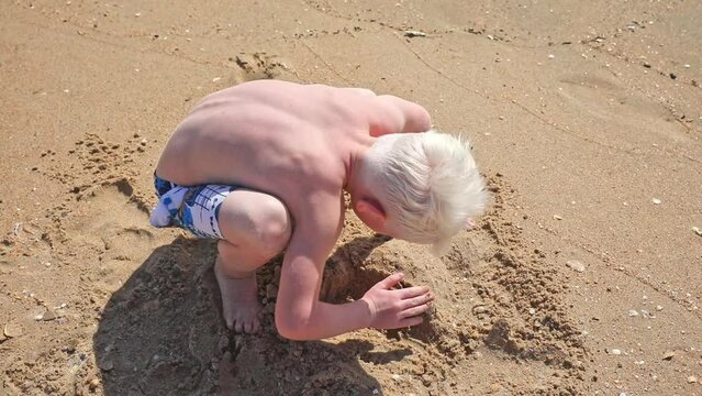 Cute white little boy play with sand on summer tropical beach. Vacation concept. Happy family and childhood