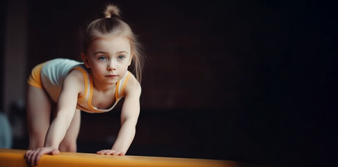 Girl child in a gymnast costume doing a sports exercise in the gym, black background isolate.