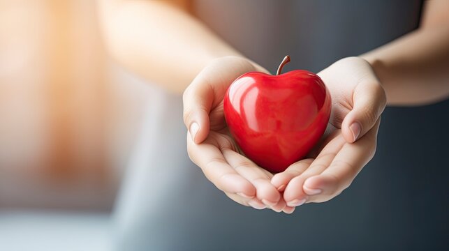 Hand holding red heart, World health day, Health care and mental health concept, Health insurance, Charity volunteer donation, World heart day, Self love, copy space, realistic - generative ai