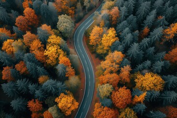 Drone photo of an autumn forest with a road winding through it. Aerial landscape photo.