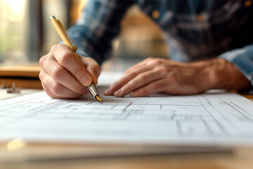 Architect holding a red pen pointing to a building on a blueprint