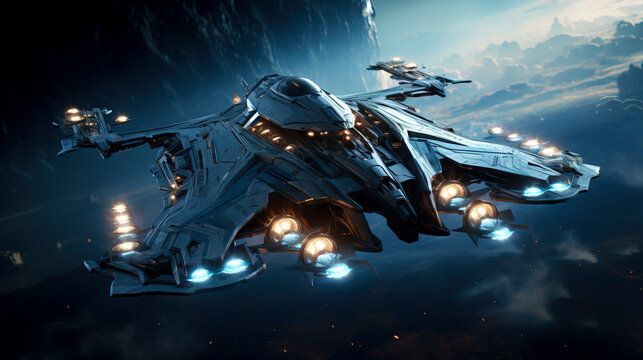 Advanced Interstellar Warship Gliding through Cosmic Clouds created with Generative AI technology