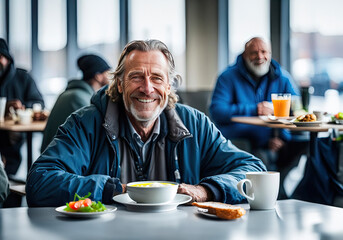 A homeless smiling middle-aged man sits at a table in a shelter and has lunch. Caring for homeless people - obrazy, fototapety, plakaty