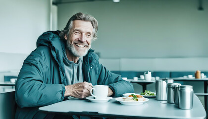 A homeless smiling middle-aged man sits at a table in a shelter and has lunch. Caring for homeless people - obrazy, fototapety, plakaty