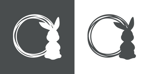 Logo con marco circular con líneas con silueta de Conejo de Pascua. Silueta de Conejito de Pascua de pie