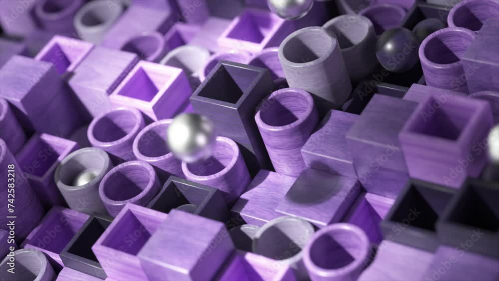 Aufkleber metallic spheres meander through a labyrinth of violet-hued blocks in this mesmerizing 3d animation.