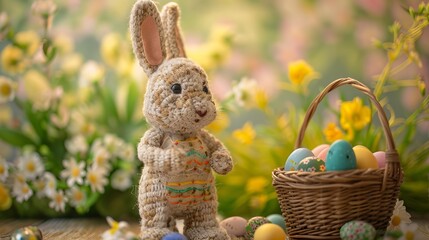 Cute brown Easter bunny rabbit holding a basket full of colorful eggs on a green grass background