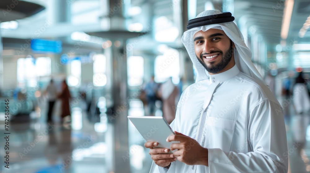 Poster In this image we see a smiling, young middle eastern man with a digital tablet in his hands while posing at an airport terminal, a successful millennial arab businessman using his tab computer while
