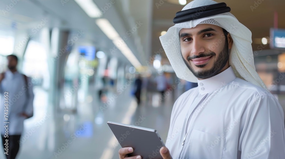 Poster The image depicts a smiling young Middle Eastern man holding a tablet computer and waiting for flight boarding while on a tablet, copy space, posing at an airport terminal.