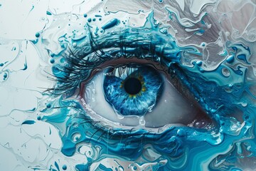 Abstract artwork of a vibrant blue eye with water splashes and droplets, evoking the beauty and power of nature