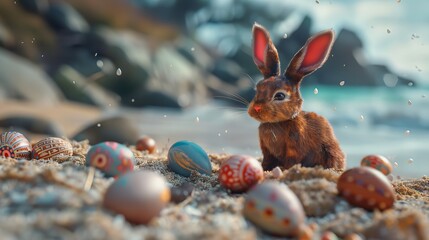 Easter vacation concept: Cute bunny and colorful eggs on a tropical sandy beach - obrazy, fototapety, plakaty