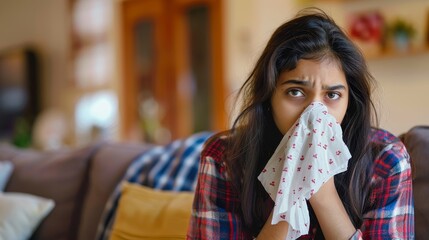 An unhappy young Indian female in plaid is suffering from a cold and flu on the sofa with her nose in a napkin in the interior of a living room. Covid-19 lockdown, treatment of illness, cold and - obrazy, fototapety, plakaty