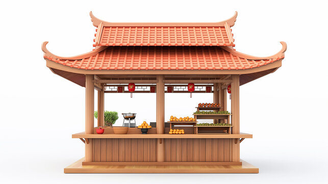 Thailand and Chinese kiosk in minimal design on white background, Luxury Asian store design, 3D rendering 