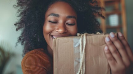 Angry Afro woman holding carton parcel after receiving long awaited delivery. She embraces the package with pride, embracing her web purchase. - obrazy, fototapety, plakaty