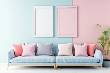 Frames mock up on color wall hanging above cozy home sofa. Modern living room comfortable stylish trendy couch posters decor background. Empty blank pictures canvas interior design decoration mockup .