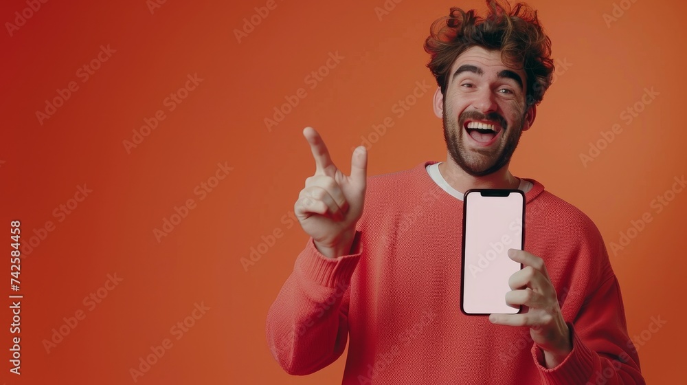 Aufkleber this is a demo of a mobile app advertisement. a handsome man shows a white empty smartphone screen w