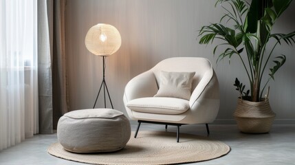 Fototapeta na wymiar On a gray wall background, a couch with a blanket, a glowing lamp, a potted plant, an ottoman, and a round carpet on the floor make up this living room. A blog about real estate and modern interiors,
