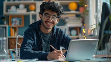 Young happy Arab man uses laptop sitting at desk, writes in notebook. Cheerful person browsing internet, watching webinar, studying online, looking at computer screen.