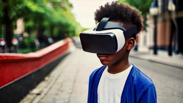 Close up, Afro american teenager boy wears virtual reality helmer on street.Dive into Metaverse.