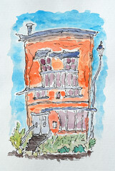 House sketch created with liner and watercolors. Color illustration on watercolor paper