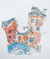 House sketch created with liner and watercolors. Color illustration on watercolor paper - 742584873