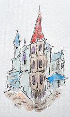 House sketch created with liner and watercolors. Color illustration on watercolor paper - 742584885