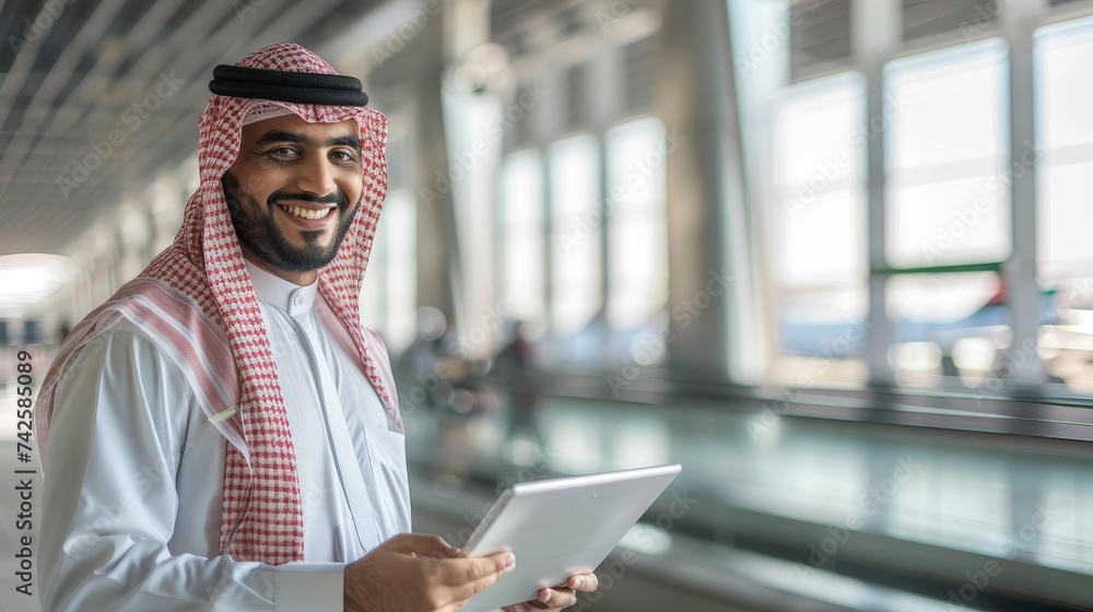 Poster Businessman using Tab Computer While Waiting For Flight Boarding, Successful Millennial Arab Businessman Posing At Airport Terminal, Copy Space