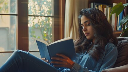 Beautiful young Indian woman reading exciting story as she sits indoors in a comfortable armchair reading a book. She has a relaxing weekend and is enjoying lazy morning at home. - obrazy, fototapety, plakaty
