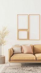 Frames mock up on color wall hanging above cozy home sofa. Modern living room comfortable stylish trendy couch posters decor background. Empty blank pictures canvas interior design decoration mockup .
