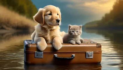Foto op Aluminium A cute golden retriever puppy dog and a kitten sitting on a suitcase in a stream, the concept of travel and life with animals © LynnC