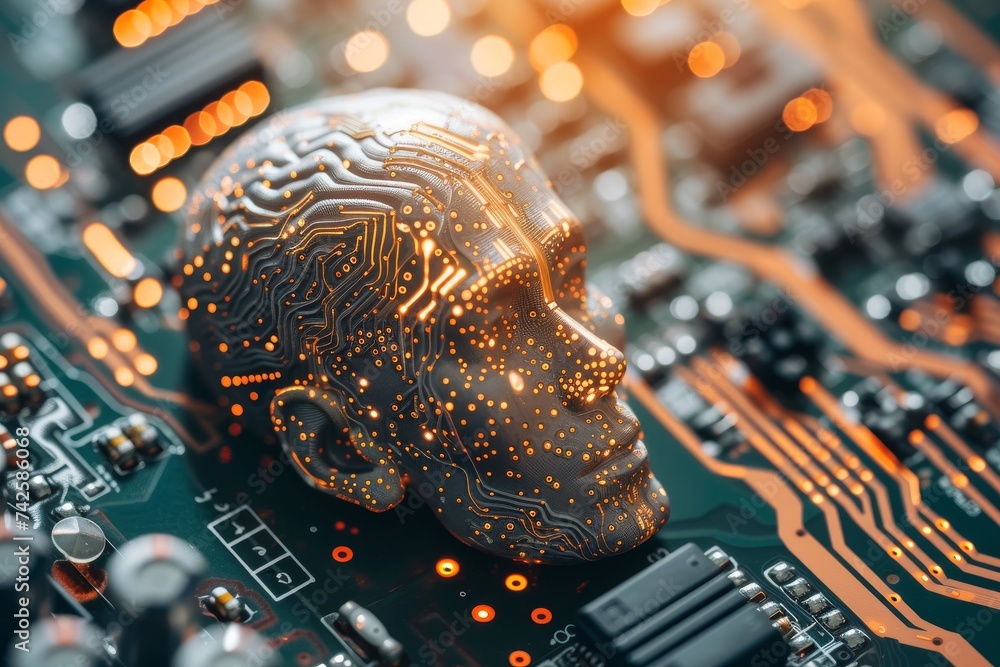 Poster ai brain chip cloud. artificial intelligence processing mind digital preservation axon. semiconducto
