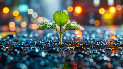 Young plant sprouting after a rain, a symbol of new growth and the nurturing power of nature in spring - obrazy, fototapety, plakaty