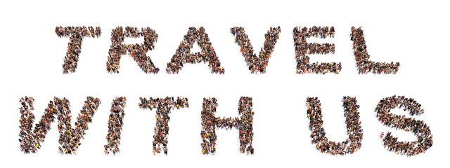 Concept conceptual large community of people forming TRAVEL word. 3d illustration metaphor for vacation, voyage, adventure, fun, happy, lifestyle, tourism, advertising, freedom, worldwide