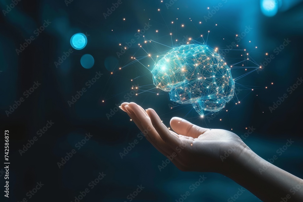 Poster ai brain chip compound. artificial intelligence intellectual mind neon tangerine dream axon. semicon
