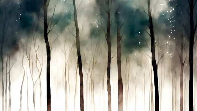 Painted forest drawing, trees silhouettes in luminescent light backgrond