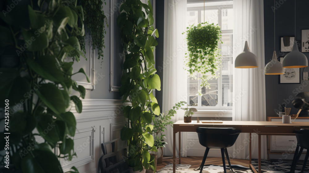 Poster hyper-realistic images of pothos vines cascading elegantly in a sunlit interior setting. frame the c