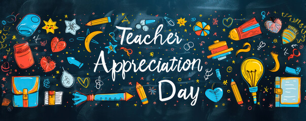 Vibrant Teacher Appreciation Day celebration banner with colorful educational doodles and calligraphy on a chalkboard background