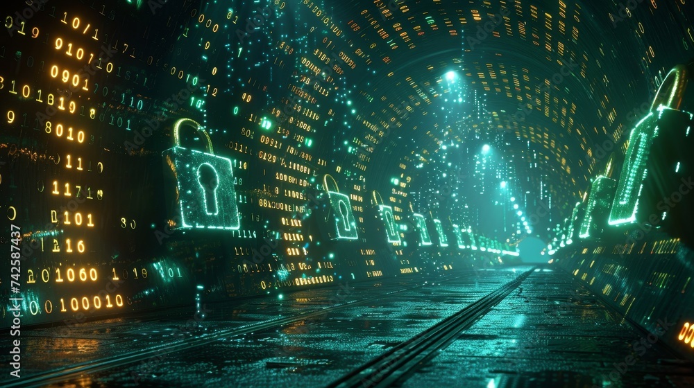 Poster visualize a world where data encryption technologies form the backbone of cybersecurity, ensuring pr