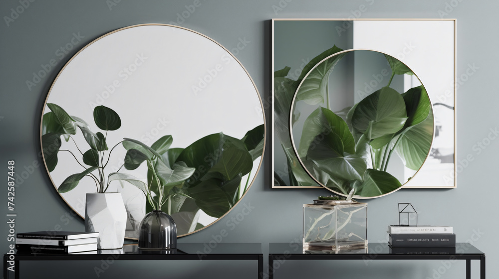 Poster hyper-realistic images of pothos leaves reflecting in minimalist mirrors. frame the composition to s