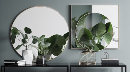hyper-realistic images of Pothos leaves reflecting in minimalist mirrors. Frame the composition to showcase modern aesthetics and clean lines, creating a visually pleasing and sophisticated Pothos sce