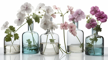 hyper-realistic images of Geranium blossoms reflecting in contemporary glass vases. Frame the composition to showcase the modern aesthetics and clean lines, creating a visually pleasing and sophistica