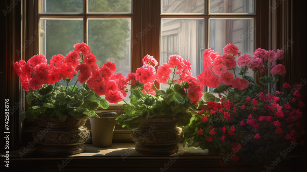 Poster hyper-realistic images of geranium blossoms creating an oasis in a sunlit conservatory. frame the co