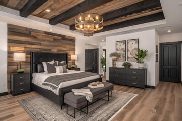 Fototapeta premium Cozy bedroom interior design. Modern light house or hotel room with comfortable large king size bed, luxury linen and stylish trendy minimal or classic decor background. Bedroom home furniture shop .