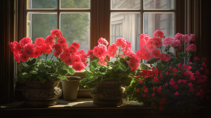 hyper-realistic images of Geranium blossoms creating an oasis in a sunlit conservatory. Frame the composition to convey the warmth and inviting atmosphere, enhancing the cinematic qualities of the Ger