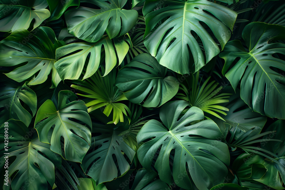 Poster a detailed view of a cluster of vibrant green leaves filling the frame, creating a lush and fresh ba